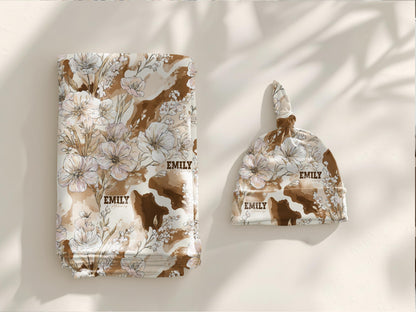 Cowhide Floral Swaddle Blanket and Hat Personalized Name Baby Girl Gift Western Nursery Decor Rustic Print Soft Newborn Wrap Keepsake Set