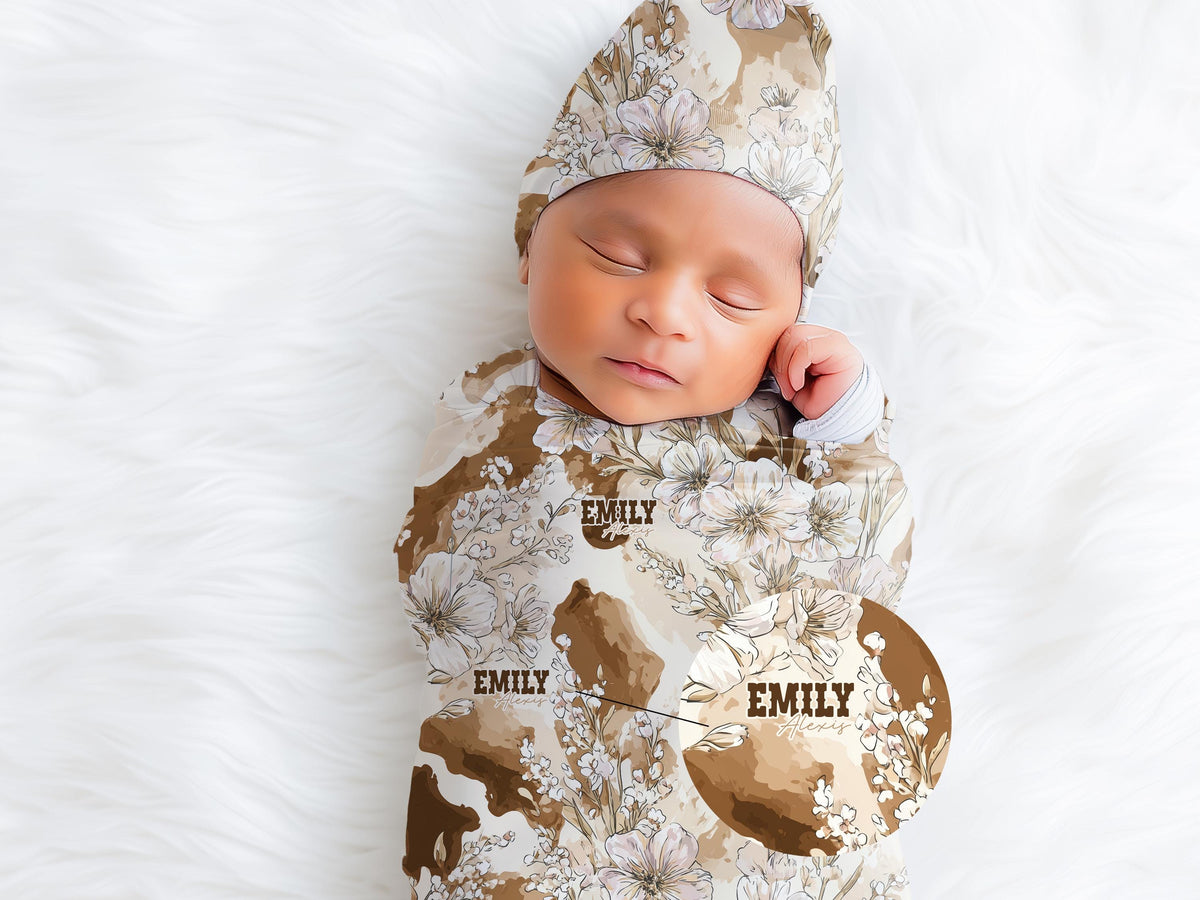 Cowhide Floral Swaddle Blanket and Hat Personalized Name Baby Girl Gift Western Nursery Decor Rustic Print Soft Newborn Wrap Keepsake Set