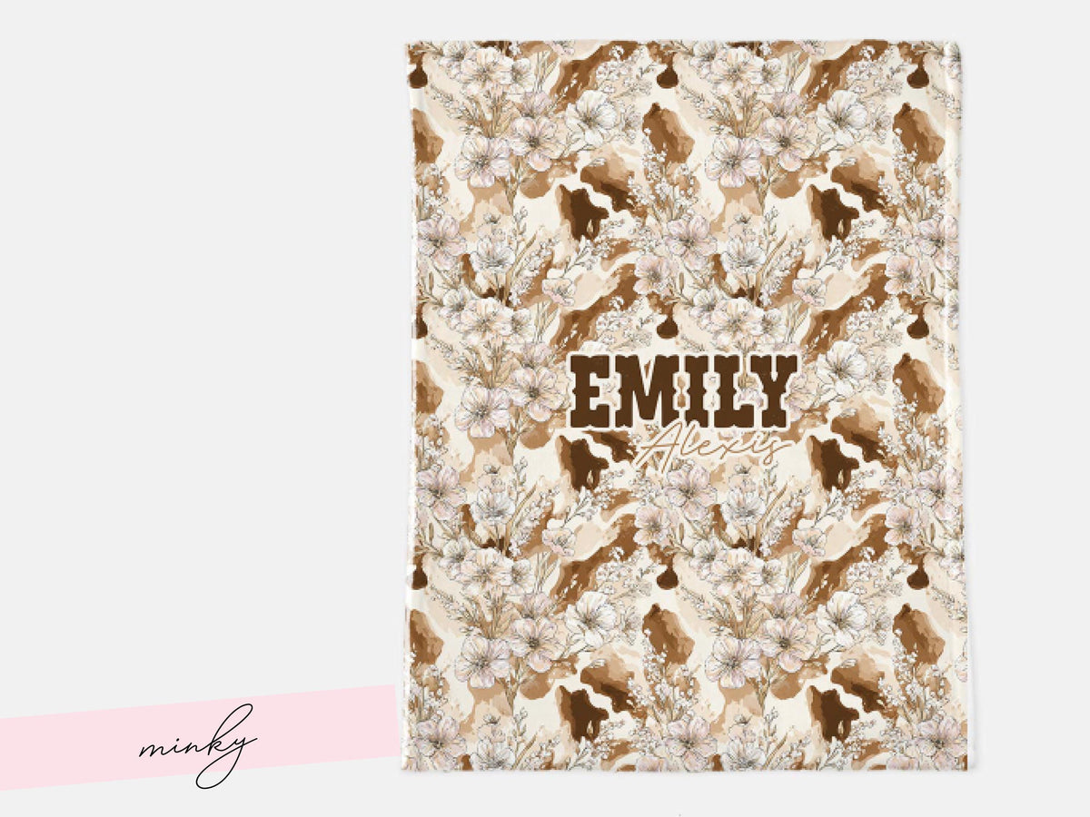 Cowhide Floral Swaddle Blanket and Hat Personalized Name Baby Girl Gift Western Nursery Decor Rustic Print Soft Newborn Wrap Keepsake Set
