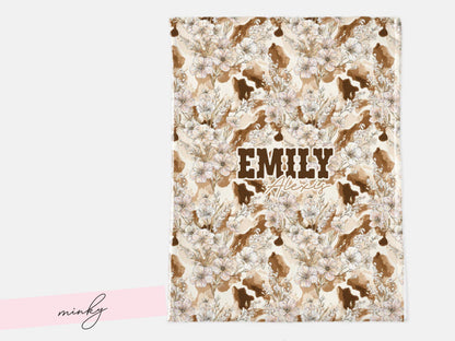 Cowhide Floral Swaddle Blanket and Hat Personalized Name Baby Girl Gift Western Nursery Decor Rustic Print Soft Newborn Wrap Keepsake Set
