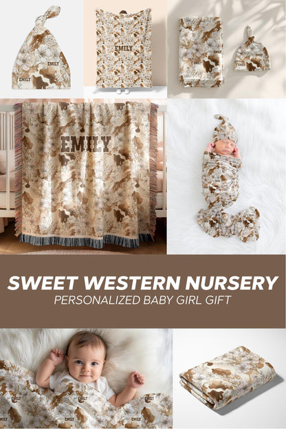Cowhide Floral Swaddle Blanket and Hat Personalized Name Baby Girl Gift Western Nursery Decor Rustic Print Soft Newborn Wrap Keepsake Set