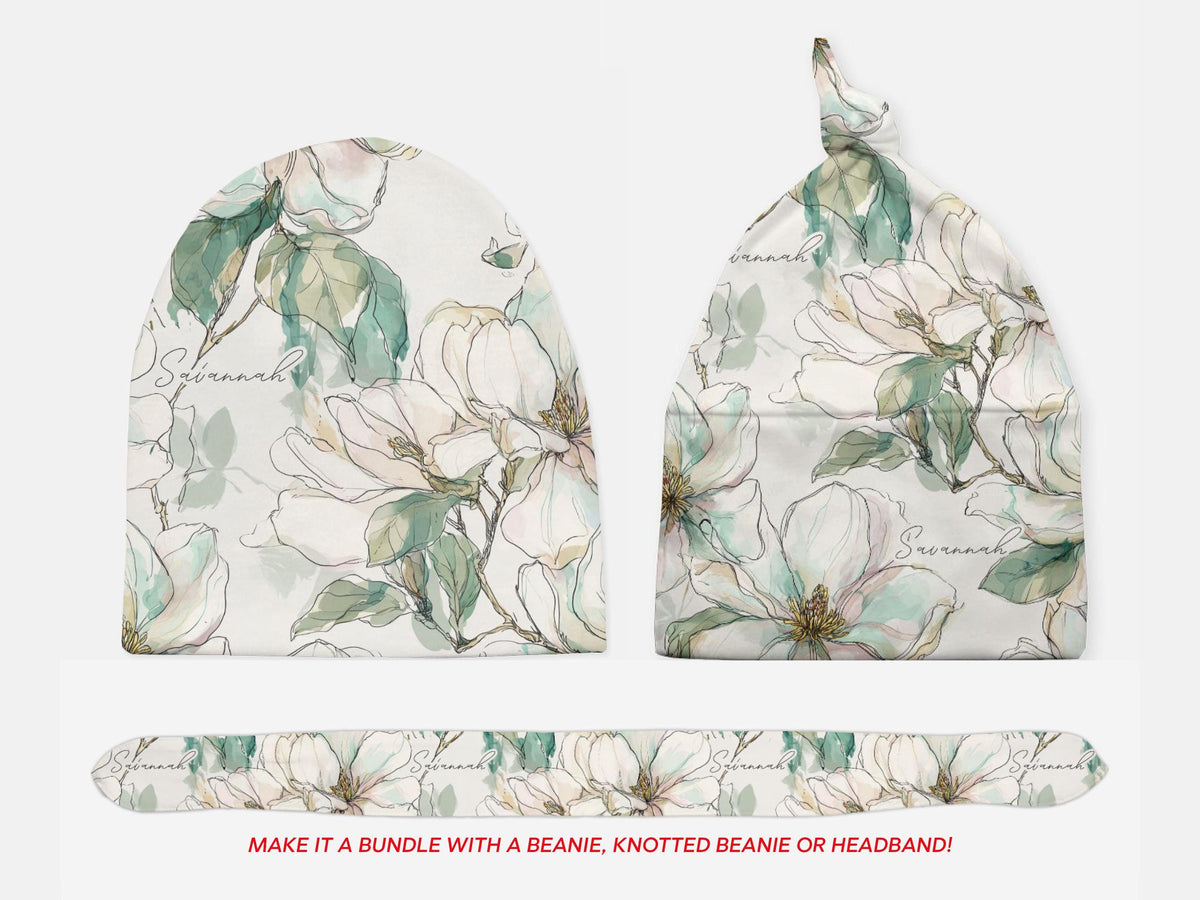 Magnolia Baby Blanket with Name for a Girl Baby Shower Gift Personalized Southern Baby Gift Set with Hat and Swaddle Blanket Floral Print