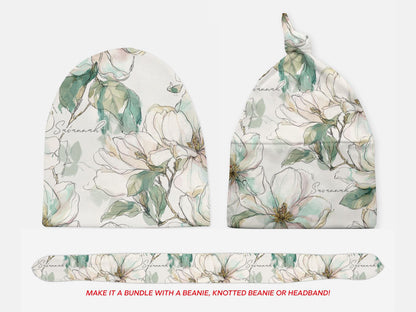 Magnolia Baby Blanket with Name for a Girl Baby Shower Gift Personalized Southern Baby Gift Set with Hat and Swaddle Blanket Floral Print