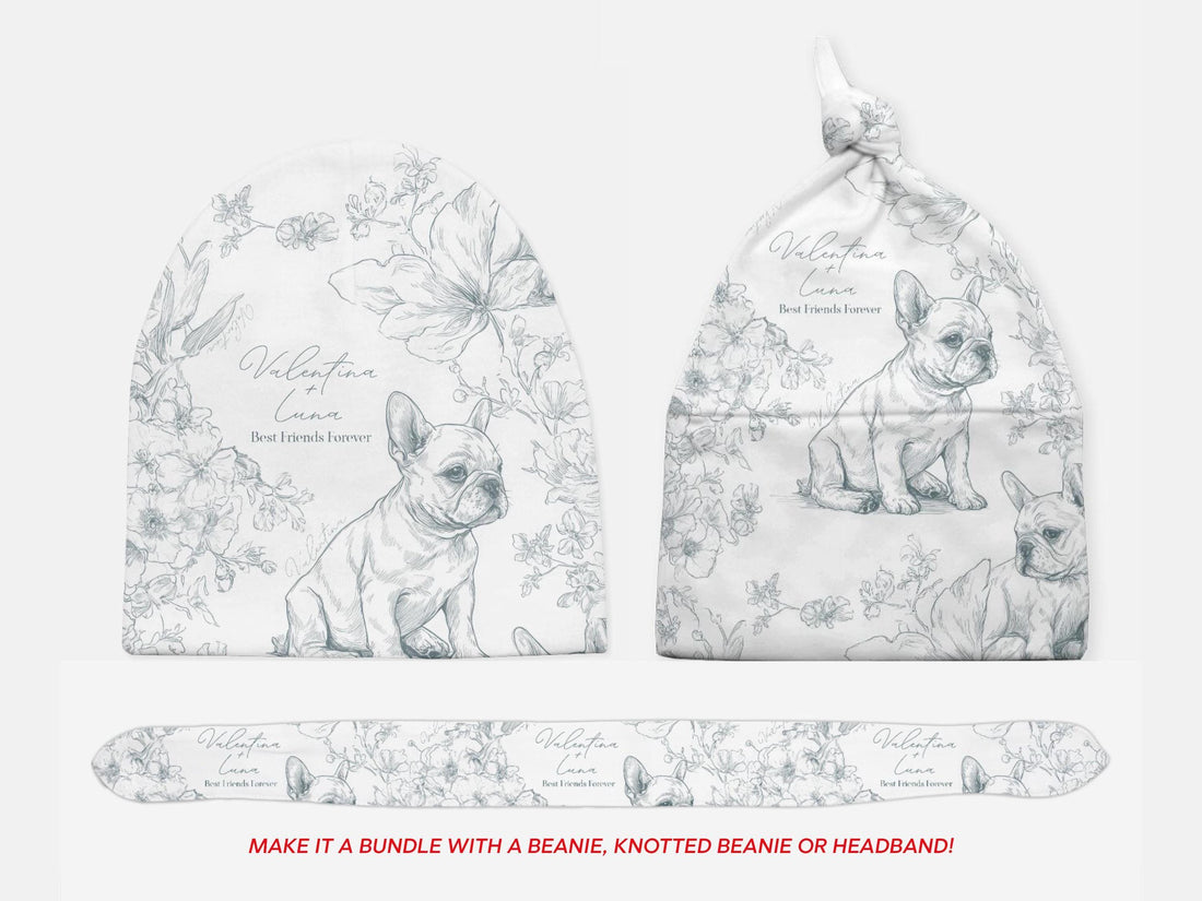 Personalized Toile French Bulldog Dog Swaddle Blanket Custom Baby Name and Pet Name Minky Nursery Gift Baby Shower New Best Friends Throw