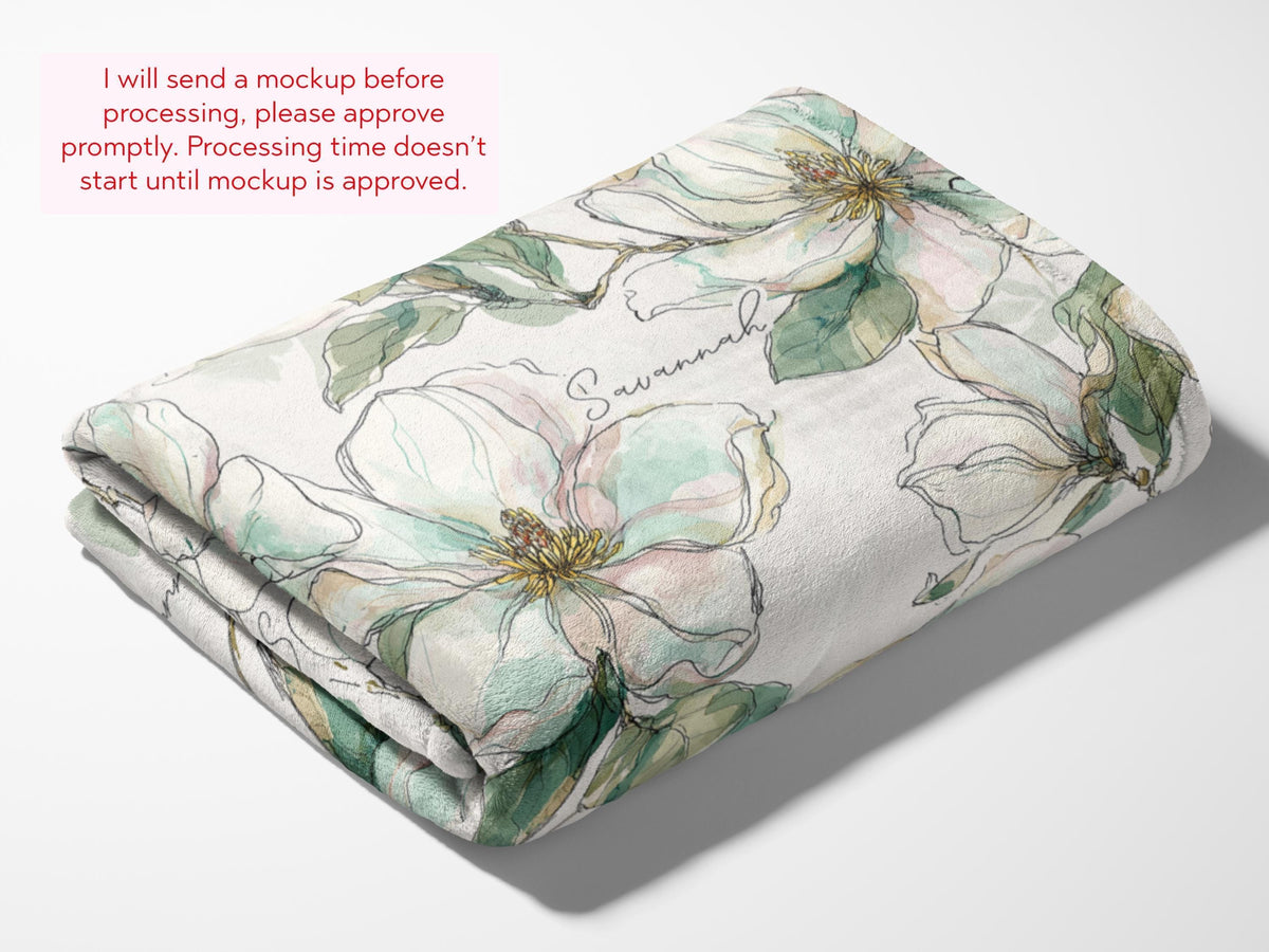 Magnolia Baby Blanket with Name for a Girl Baby Shower Gift Personalized Southern Baby Gift Set with Hat and Swaddle Blanket Floral Print