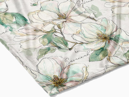 Magnolia Baby Blanket with Name for a Girl Baby Shower Gift Personalized Southern Baby Gift Set with Hat and Swaddle Blanket Floral Print
