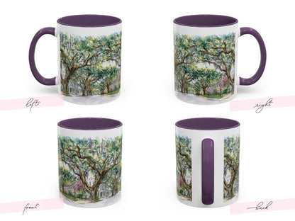 Mardi Gras Bead Tree Mug Watercolor New Orleans Oak Trees and Custom Phrase Gift Southern Coffee Cup NOLA Landscape Art Hostess Present - Charles Alex