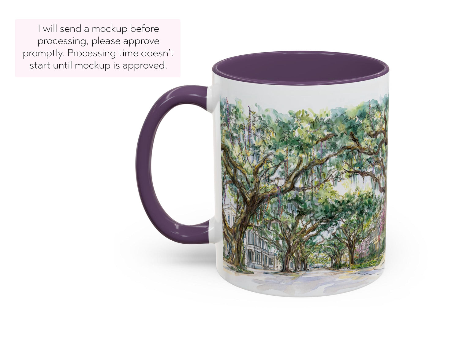 Mardi Gras Bead Tree Mug Watercolor New Orleans Oak Trees and Custom Phrase Gift Southern Coffee Cup NOLA Landscape Art Hostess Present - Charles Alex