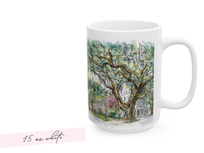 Mardi Gras Bead Tree Mug Watercolor New Orleans Oak Trees and Custom Phrase Gift Southern Coffee Cup NOLA Landscape Art Hostess Present - Charles Alex