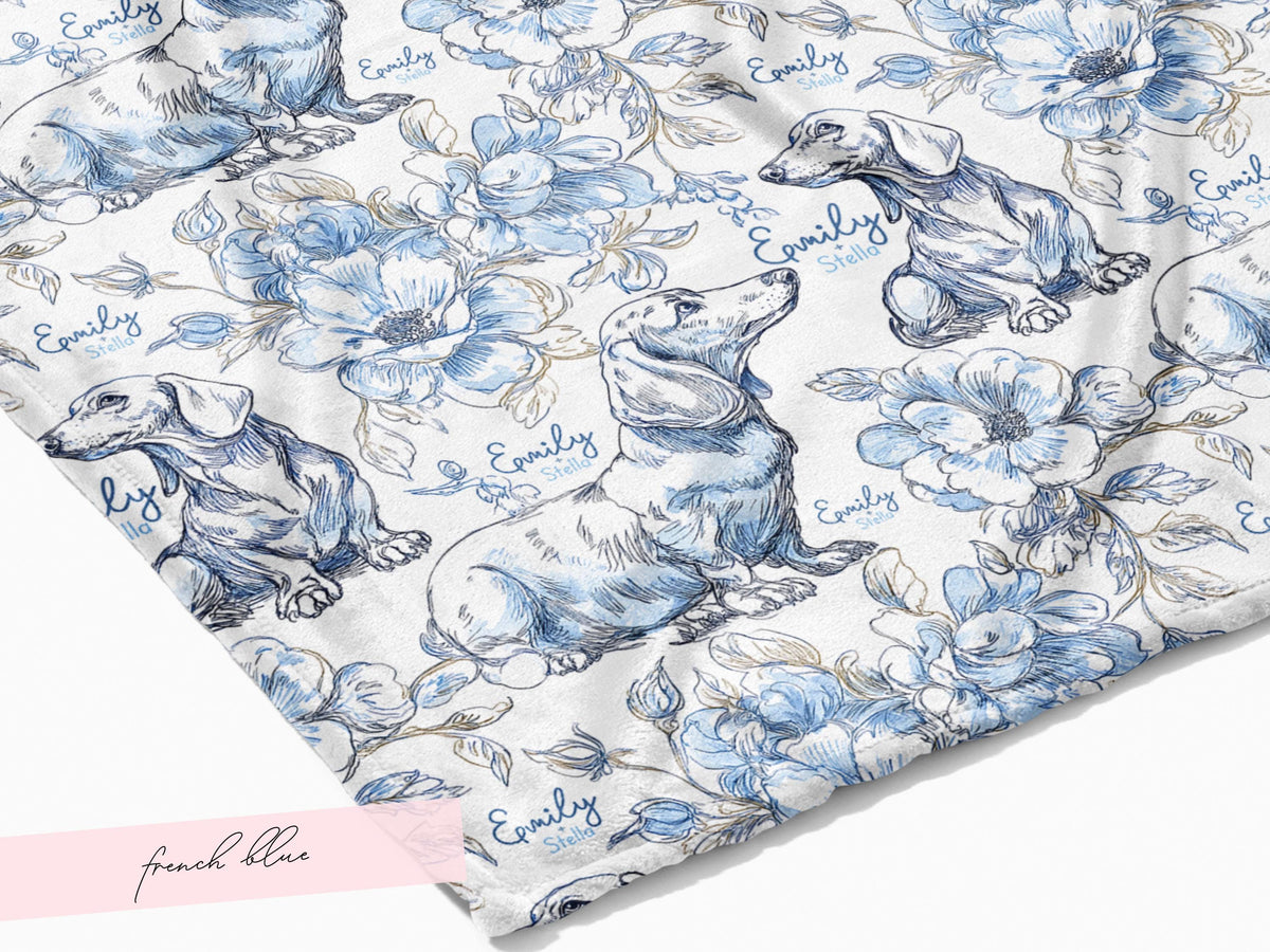 Floral Dachshund Blanket Minky Soft Throw Woven Personalized Name Baby Girl Gift Puppy Print Nursery Decor Custom Toddler Keepsake for Her - Charles Alex
