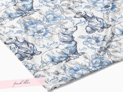 Floral Dachshund Blanket Minky Soft Throw Woven Personalized Name Baby Girl Gift Puppy Print Nursery Decor Custom Toddler Keepsake for Her - Charles Alex