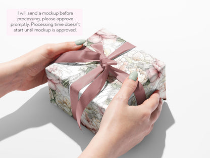 Catholic Wedding Wrapping Paper with Peony Bouquets Rosary Religious Bridal Shower Gift Wrap Elegant Christian Ceremony Luxury Packaging