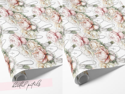 Catholic Wedding Wrapping Paper with Peony Bouquets Rosary Religious Bridal Shower Gift Wrap Elegant Christian Ceremony Luxury Packaging