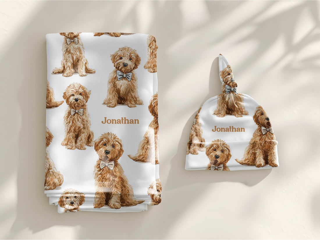 Goldendoodle Baby Swaddle Set With Name For Dog Loving New Parents First Newborn Doodle Coming Home Hospital Photo Outfit Baby Shower Gift