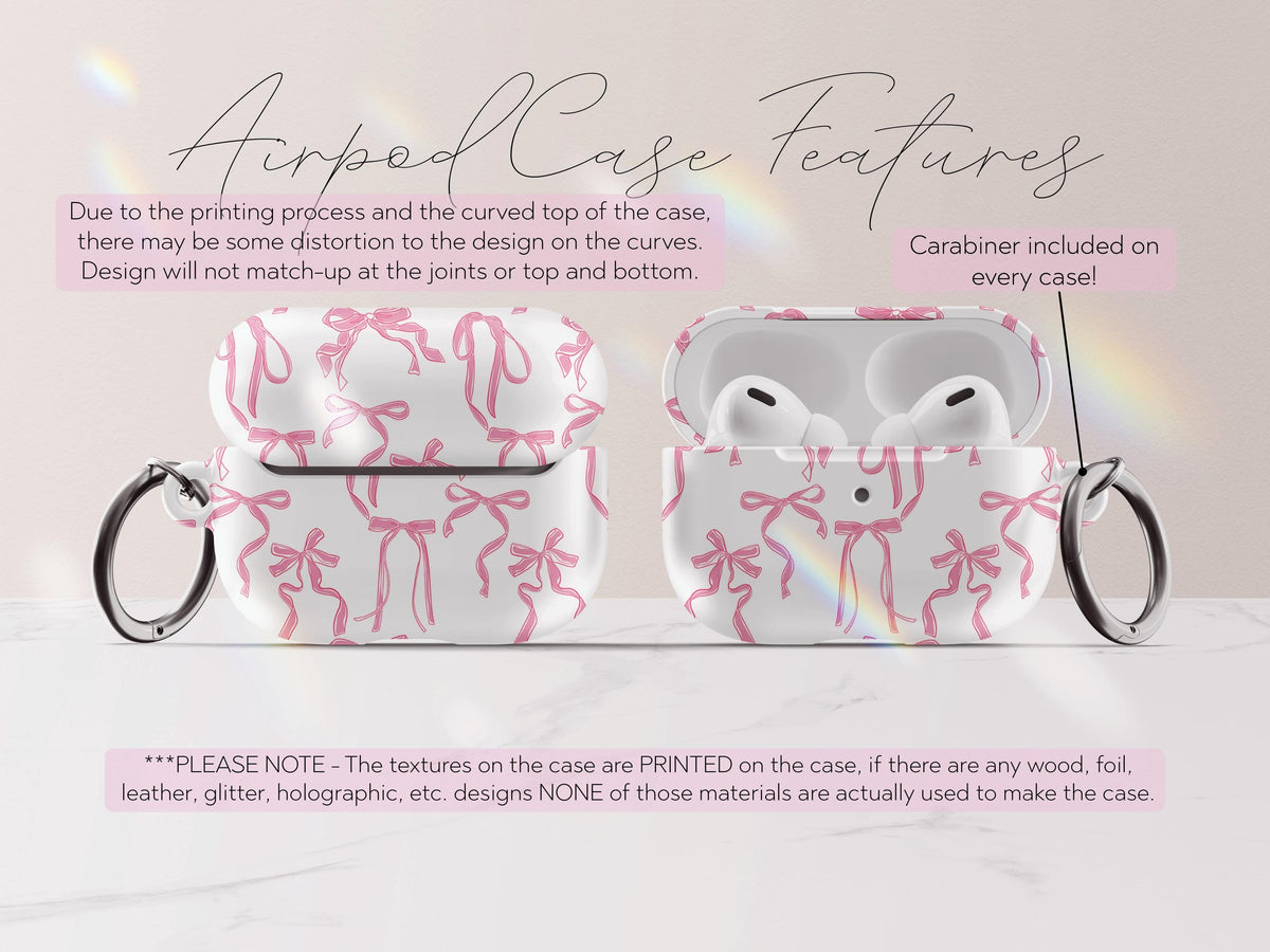 Coquette Bow AirPods Case Cover Pink Ribbon Print Cute Glossy Protective Earbud Feminine Tech Accessory Gift for Her Stylish Custom Present