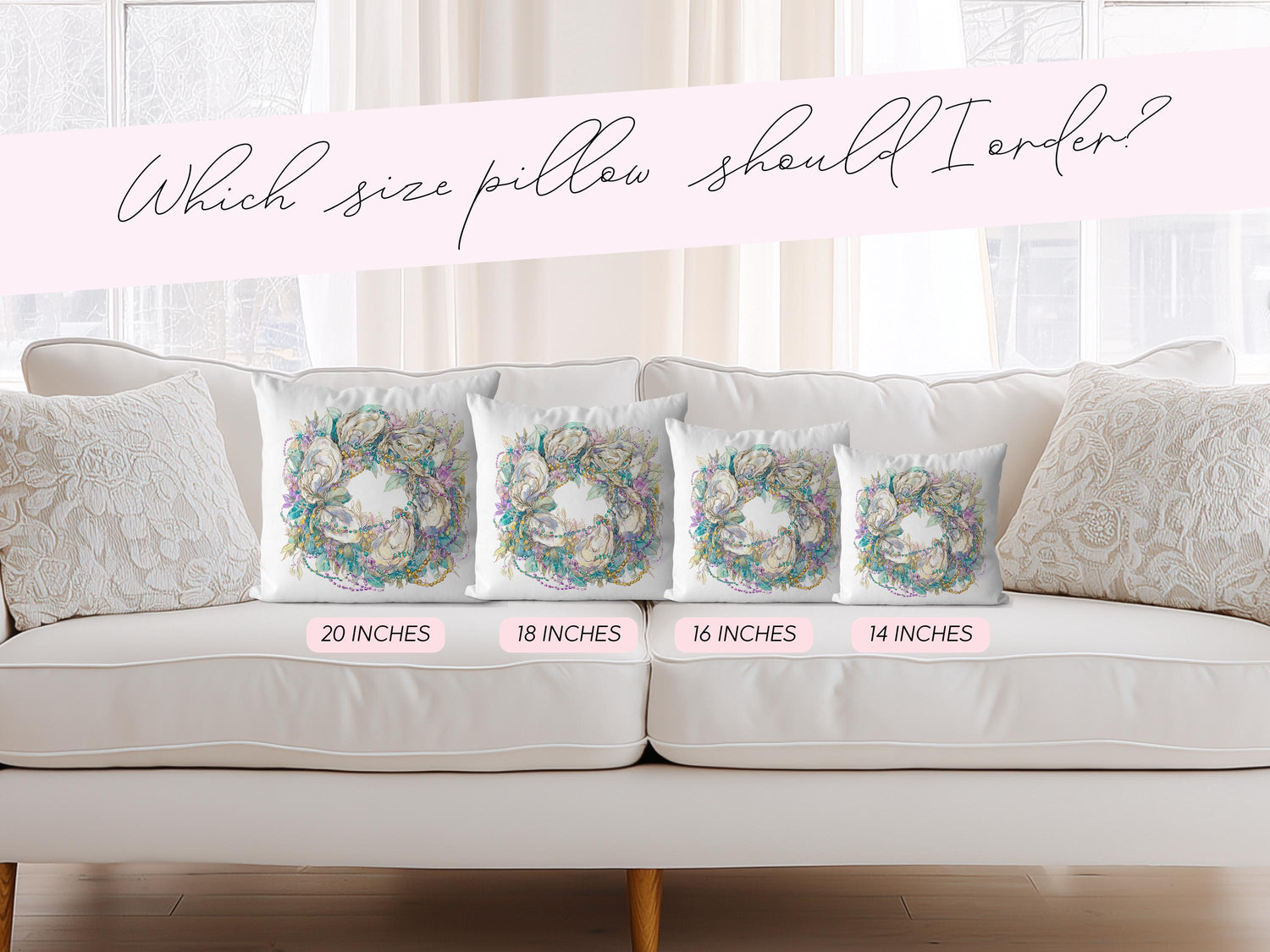 New Orleans Oyster Mardi Gras Wreath Pillow Coastal Carnival Decor Personalized Gift for Her Southern Hostess Seasonal Sofa Accent Cushion - Charles Alex