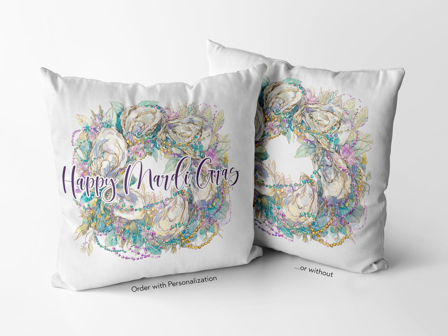 New Orleans Oyster Mardi Gras Wreath Pillow Coastal Carnival Decor Personalized Gift for Her Southern Hostess Seasonal Sofa Accent Cushion - Charles Alex