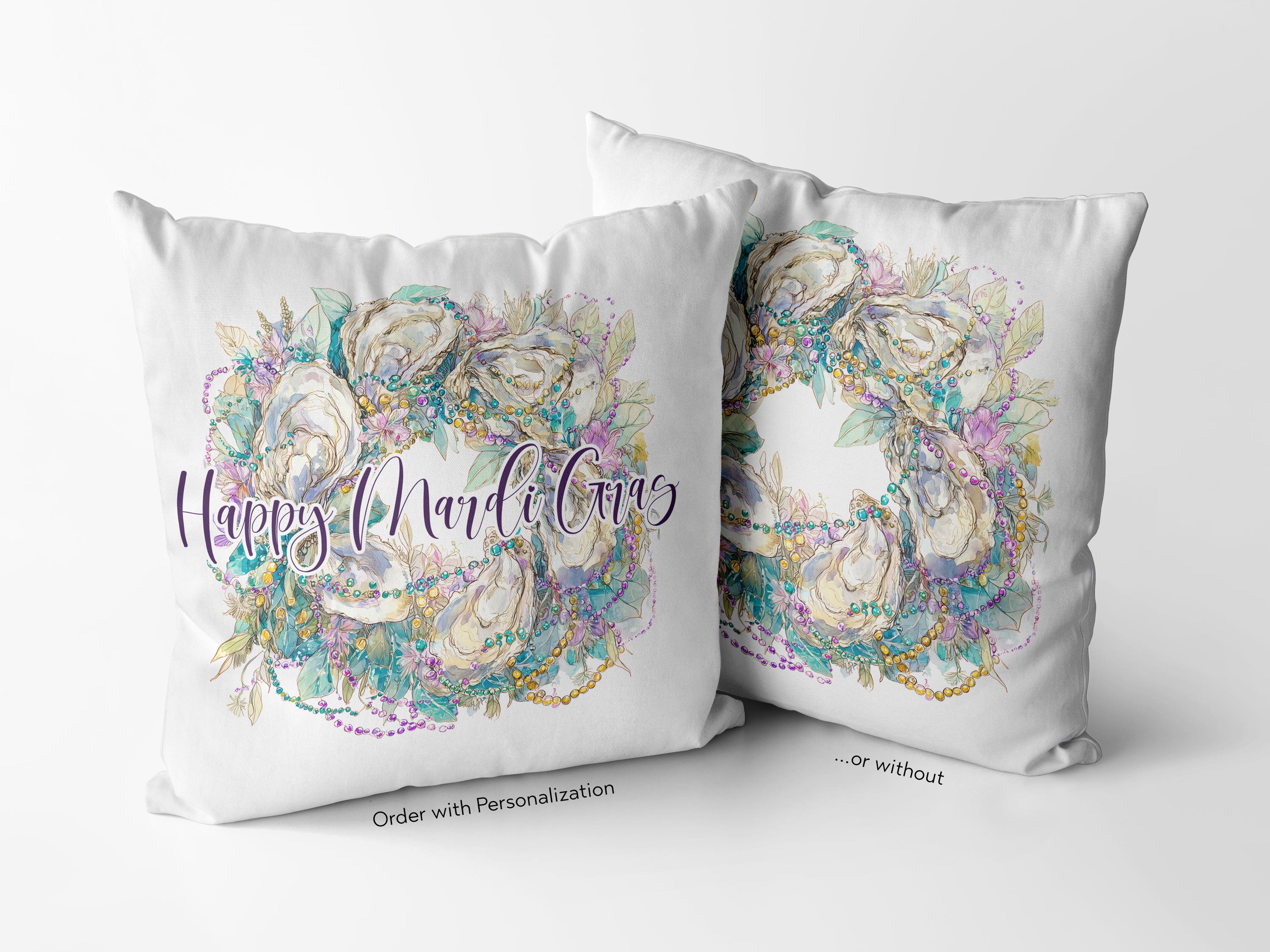 New Orleans Oyster Mardi Gras Wreath Pillow Coastal Carnival Decor Personalized Gift for Her Southern Hostess Seasonal Sofa Accent Cushion - Charles Alex