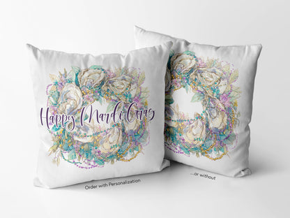 New Orleans Oyster Mardi Gras Wreath Pillow Coastal Carnival Decor Personalized Gift for Her Southern Hostess Seasonal Sofa Accent Cushion - Charles Alex