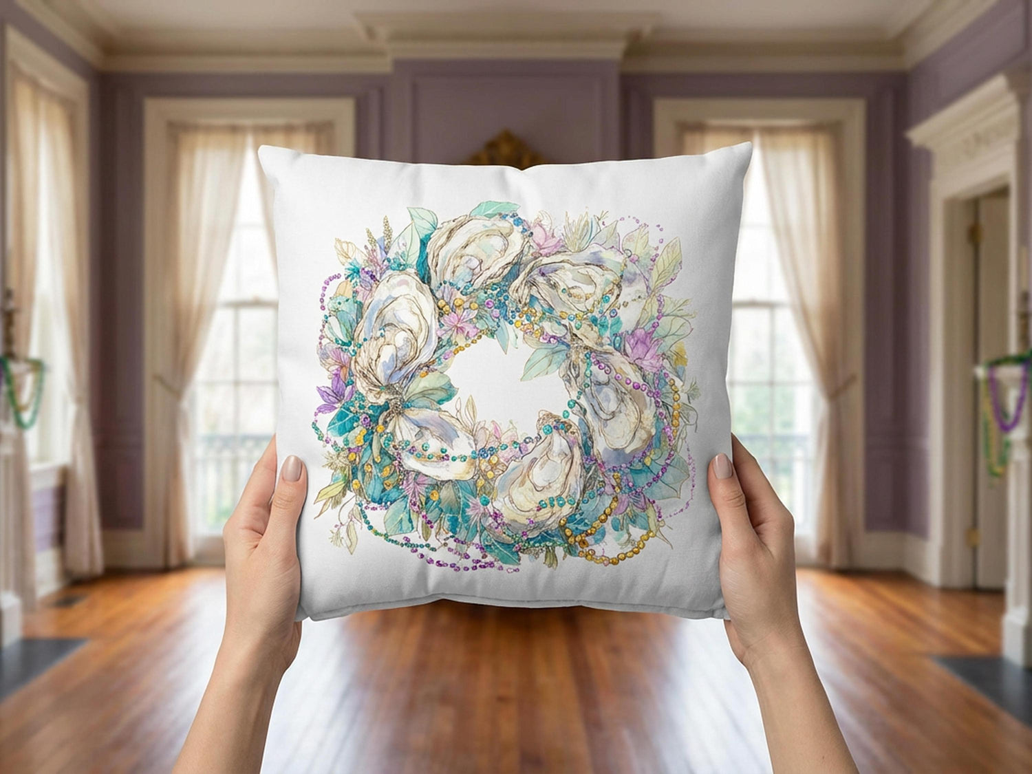 New Orleans Oyster Mardi Gras Wreath Pillow Coastal Carnival Decor Personalized Gift for Her Southern Hostess Seasonal Sofa Accent Cushion - Charles Alex