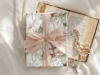Catholic Wedding Wrapping Paper with Peony Bouquets Rosary Religious Bridal Shower Gift Wrap Elegant Christian Ceremony Luxury Packaging