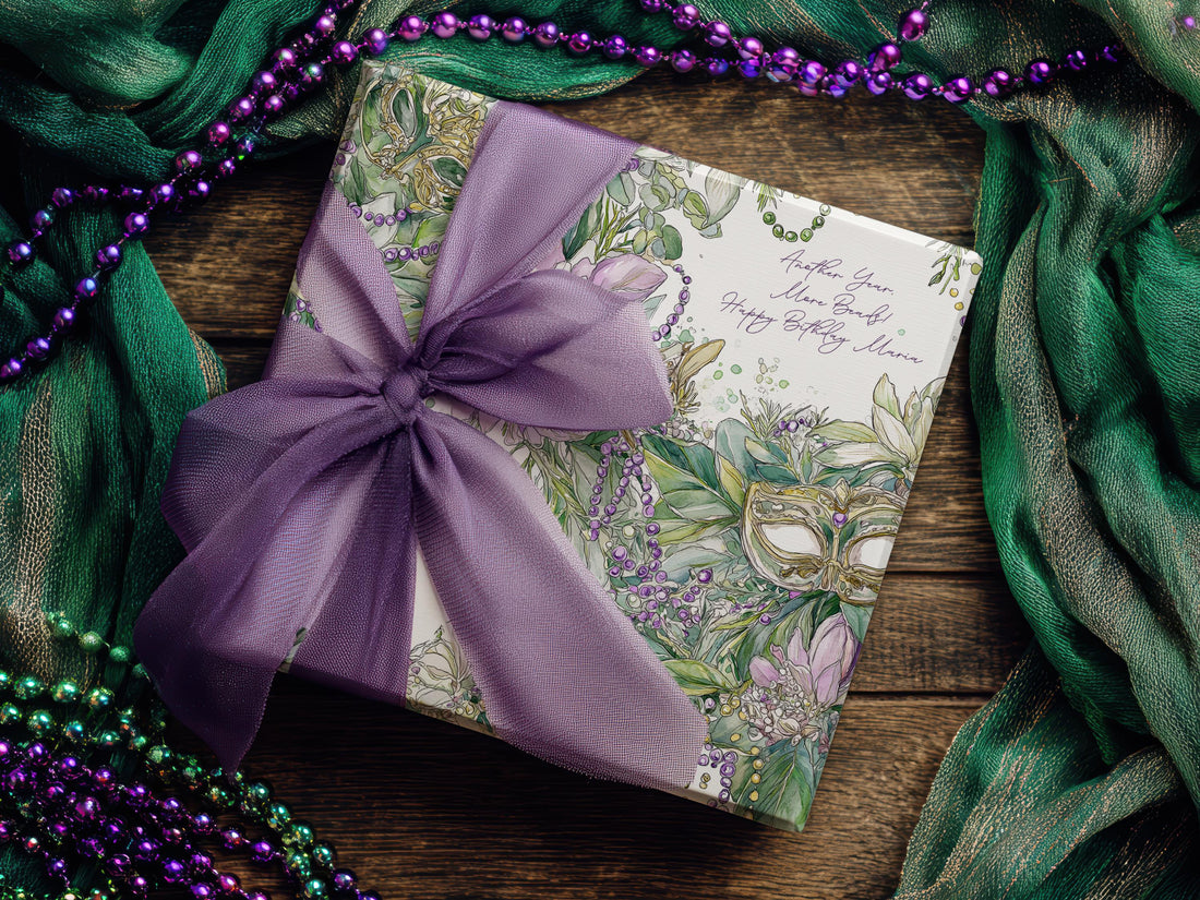 Mardi Gras Wrapping Paper Custom Carnival Wrap Gift Celebration Mask Design Purple Green Debutante Present Matte Finish Party Supply Festive