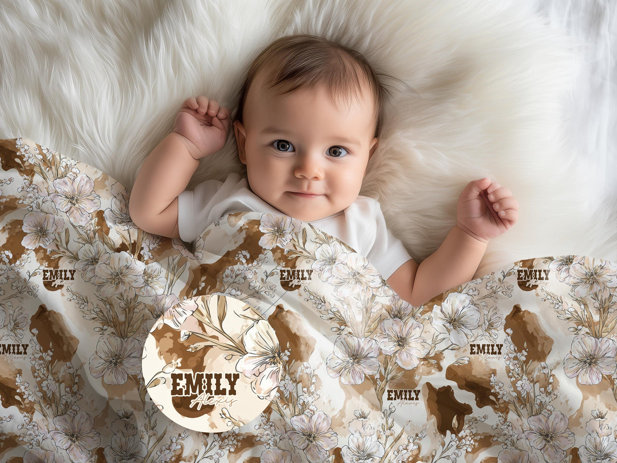 Cowhide Floral Swaddle Blanket and Hat Personalized Name Baby Girl Gift Western Nursery Decor Rustic Print Soft Newborn Wrap Keepsake Set