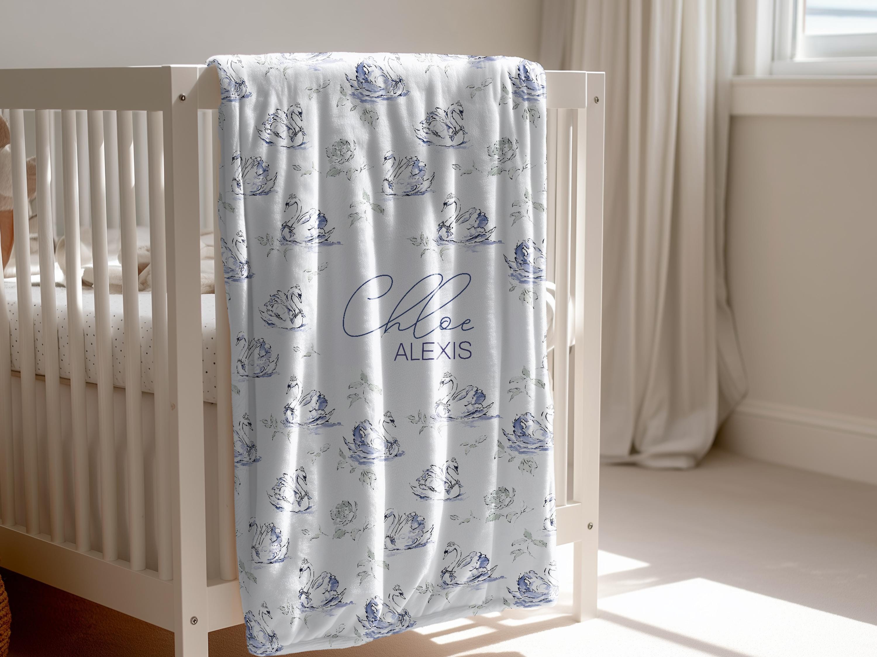 Swan Baby Blanket Personalized Elegant Girl Swaddle Newborn Name Keepsake Nursery Accent Timeless Hospital Welcome Gift