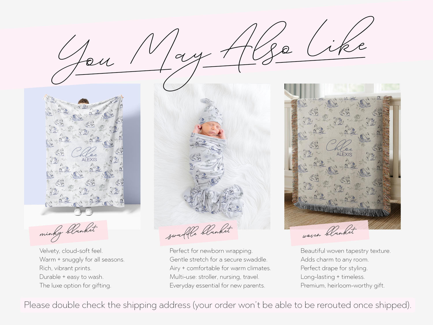 Swan Baby Blanket Personalized Elegant Girl Swaddle Newborn Name Keepsake Nursery Accent Timeless Hospital Welcome Gift