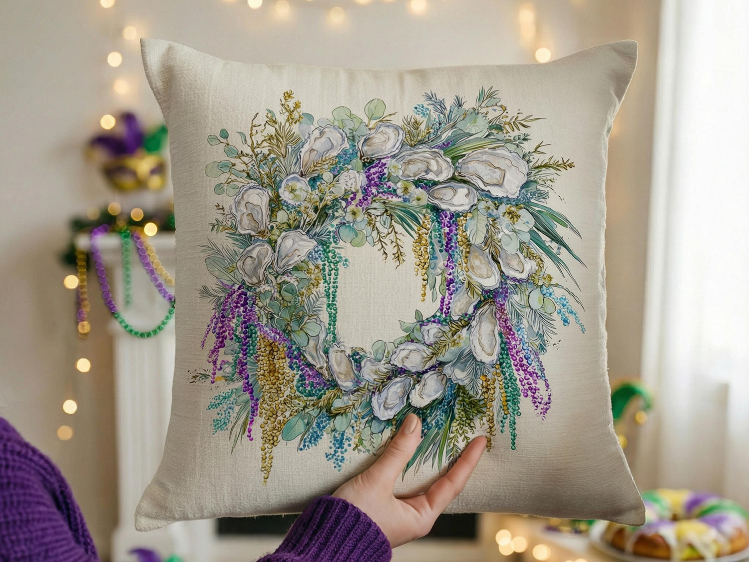 Mardi Gras Festive Oyster Pillow Cover Party Host Gift Hostess Guest Room Home Decor Carnival Season Print Southern Coastal Interior Design - Charles Alex
