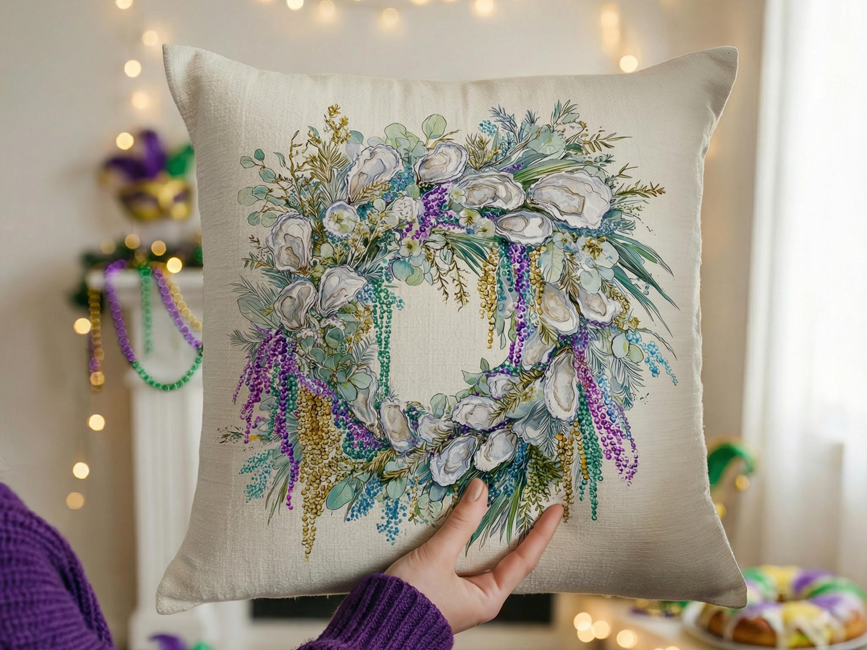 Mardi Gras Festive Oyster Pillow Cover Party Host Gift Hostess Guest Room Home Decor Carnival Season Print Southern Coastal Interior Design - Charles Alex