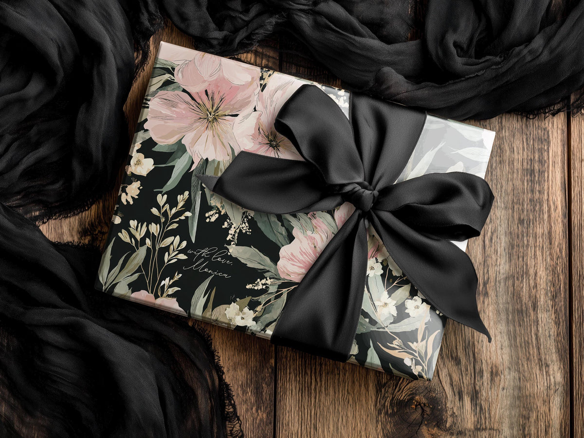 Black Floral Wrapping Paper Wedding Custom Name Gift Wrap Elegant Botanical Print Personalized Luxury Birthday Packaging Hostess Present