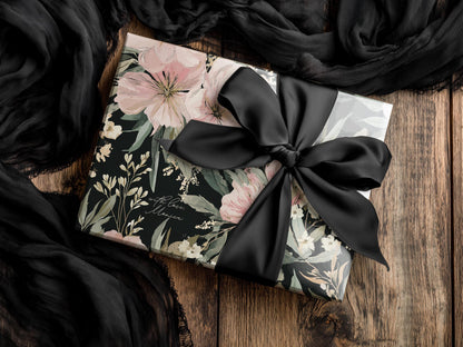 Black Floral Wrapping Paper Wedding Custom Name Gift Wrap Elegant Botanical Print Personalized Luxury Birthday Packaging Hostess Present