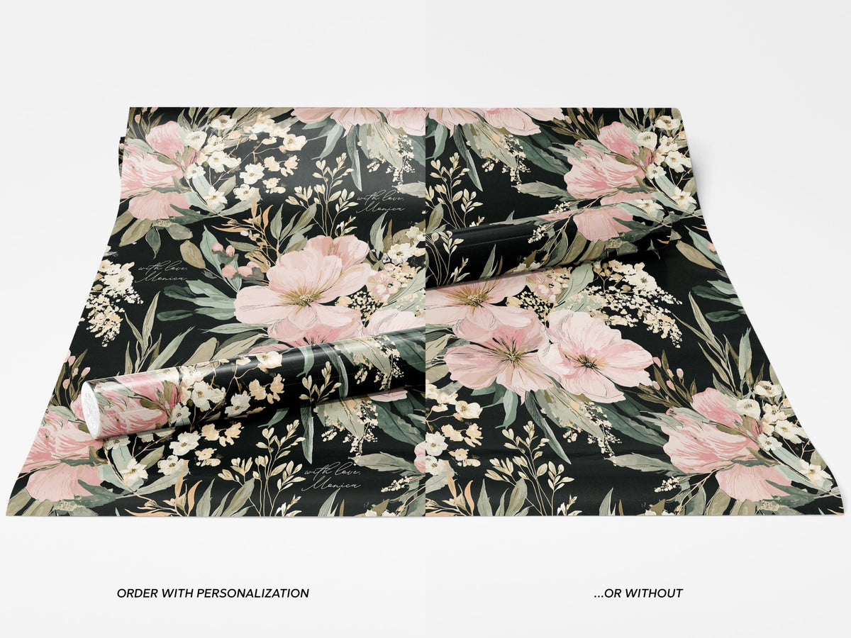 Black Floral Wrapping Paper Wedding Custom Name Gift Wrap Elegant Botanical Print Personalized Luxury Birthday Packaging Hostess Present