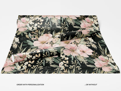 Black Floral Wrapping Paper Wedding Custom Name Gift Wrap Elegant Botanical Print Personalized Luxury Birthday Packaging Hostess Present