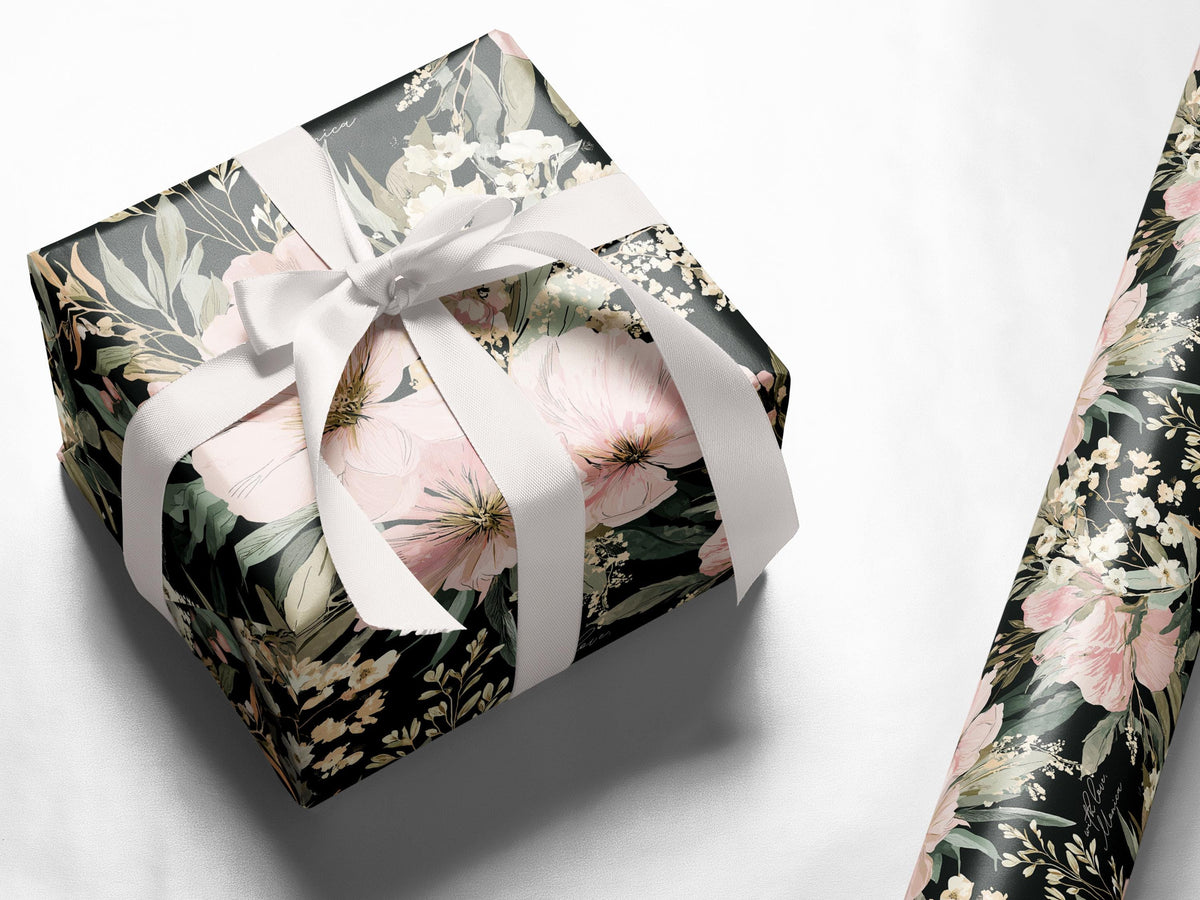 Black Floral Wrapping Paper Wedding Custom Name Gift Wrap Elegant Botanical Print Personalized Luxury Birthday Packaging Hostess Present