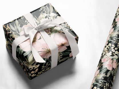 Black Floral Wrapping Paper Wedding Custom Name Gift Wrap Elegant Botanical Print Personalized Luxury Birthday Packaging Hostess Present