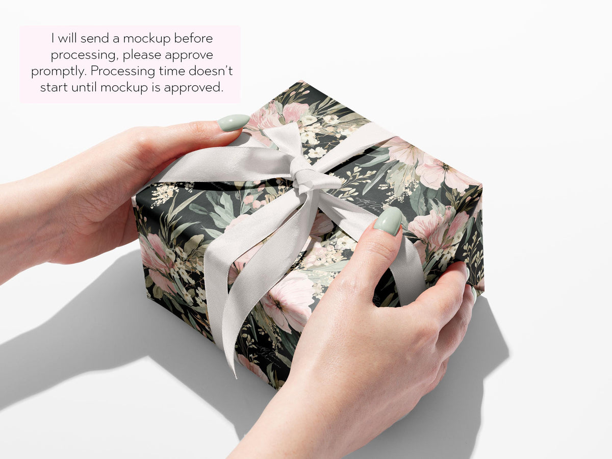 Black Floral Wrapping Paper Wedding Custom Name Gift Wrap Elegant Botanical Print Personalized Luxury Birthday Packaging Hostess Present