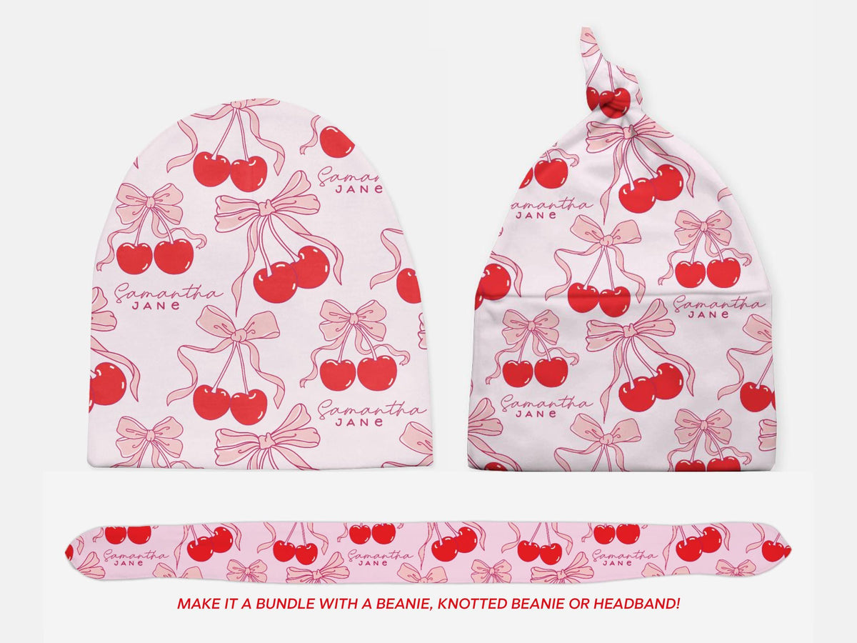 Personalized Coquette Cherry Swaddle Blanket Coquette Cherry Baby Blanket with Name Bow Gift for Baby Shower Gift Coquette Hat Coming Home