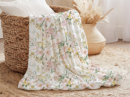 Custom Wildflower Swaddle Blanket with Name Watercolor Floral Minky Baby Blanket Cottage Garden Newborn Gift for Baby Shower Nursery Flowers