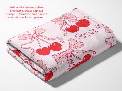 Personalized Coquette Cherry Swaddle Blanket Coquette Cherry Baby Blanket with Name Bow Gift for Baby Shower Gift Coquette Hat Coming Home