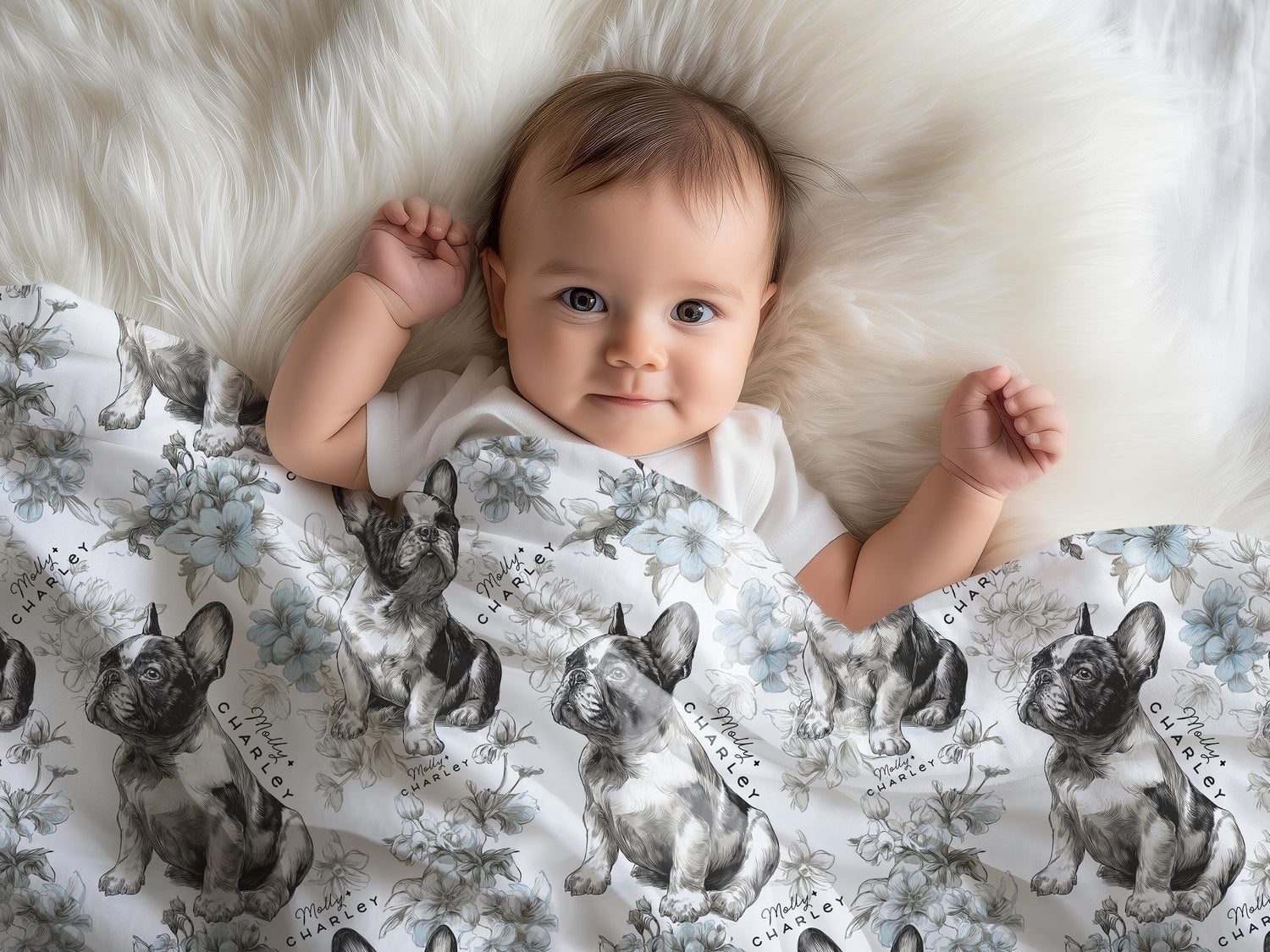 French Bulldog Floral Toile Swaddle or Minky Blanket - Charles Alex