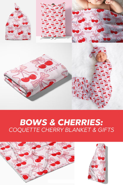Personalized Coquette Cherry Swaddle Blanket Coquette Cherry Baby Blanket with Name Bow Gift for Baby Shower Gift Coquette Hat Coming Home