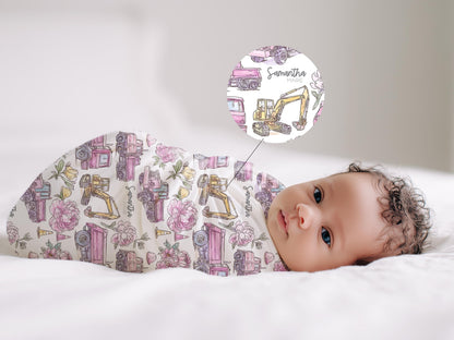 Pink Baby Girl Construction Blanket Girls In Construction Swaddle Blanket For Infant Baby Shower Gift Dump Truck Baby Girl Hospital Photo