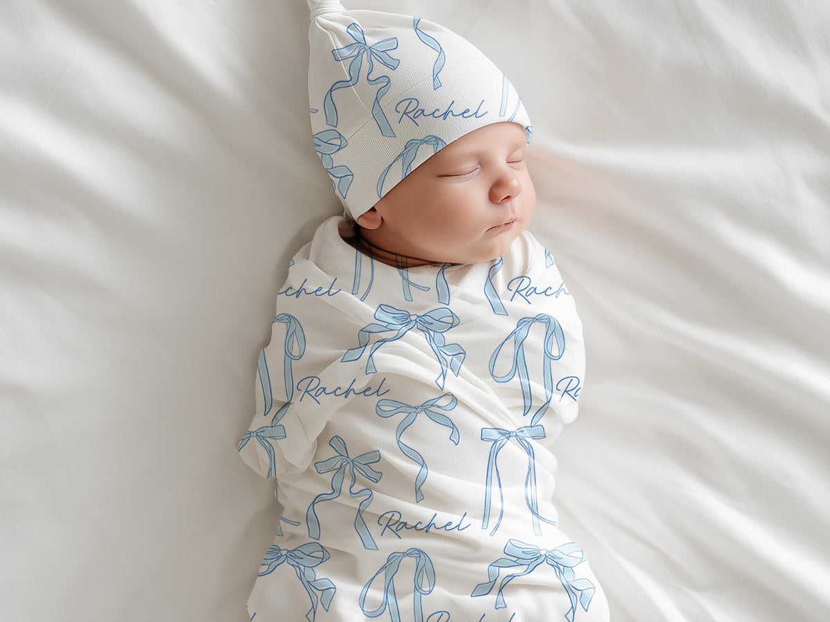 Custom Coquette Baby Blanket With Name Bow Swaddle For Newborn Coming Home Receiving Blanket Baby Shower Gift Vintage Ribbon Print Lovey