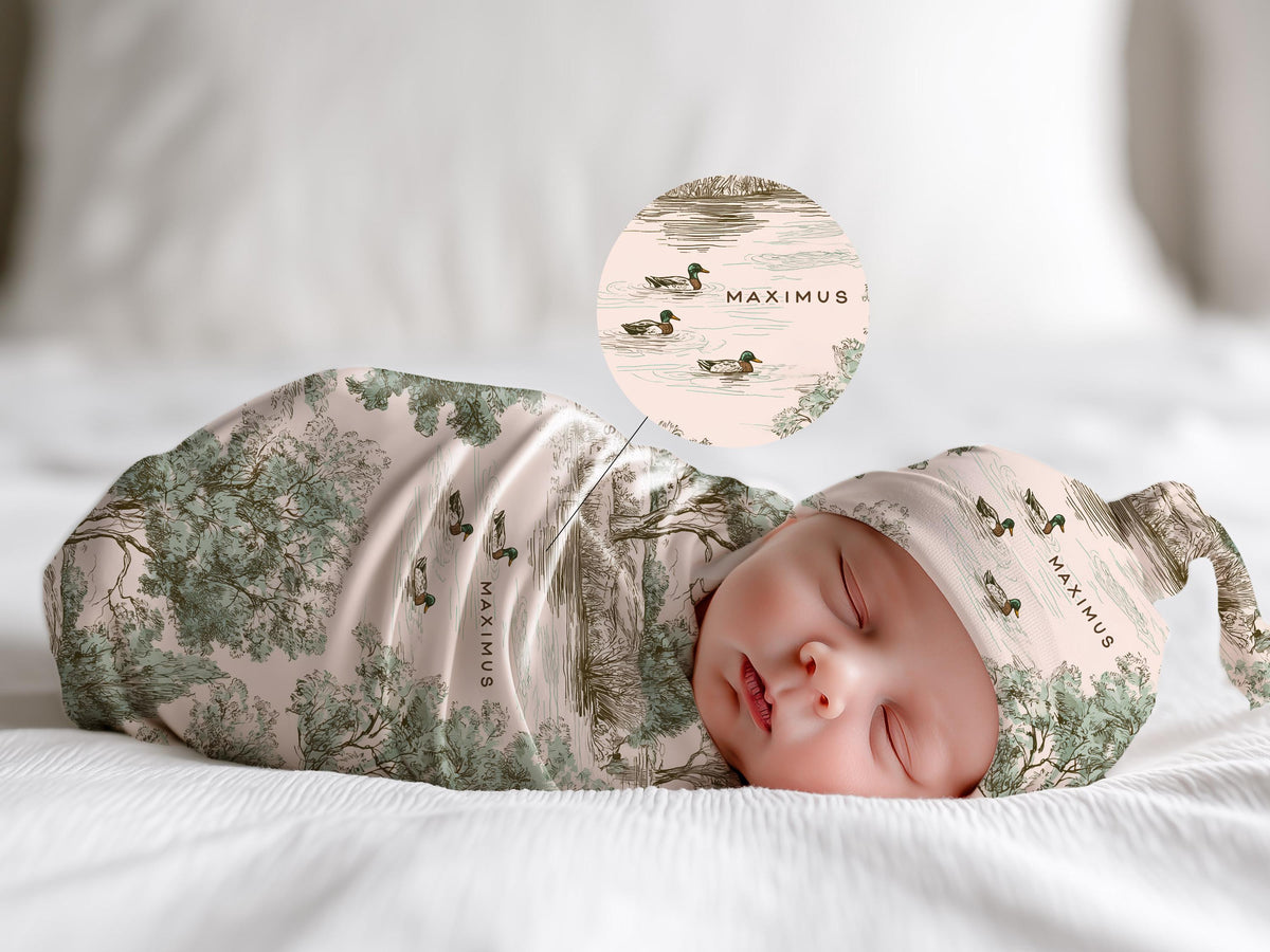 Personalized Duck Swaddle Blanket Mallard Print Custom Name Baby Boy Gift Woodland Nursery Decor Present Southern Mom Newborn Coming Home - Charles Alex