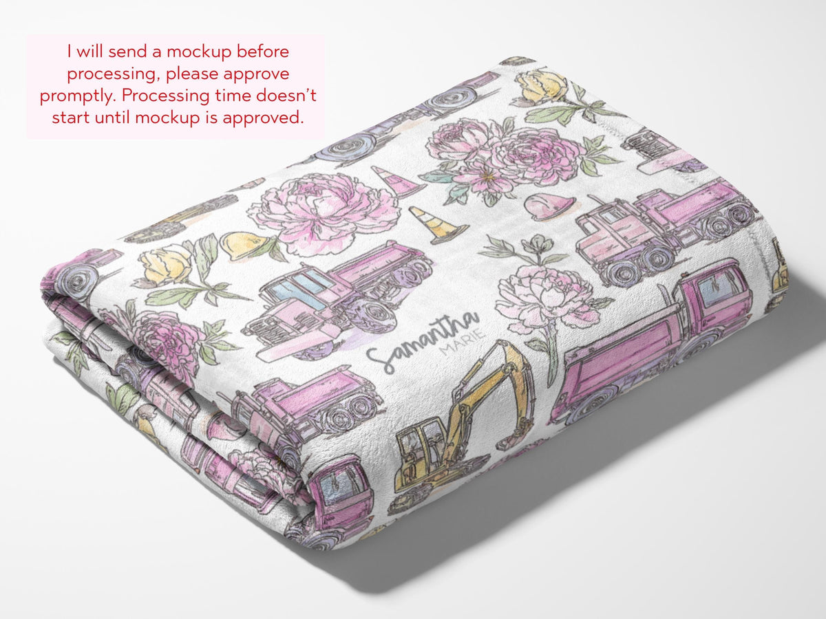 Pink Baby Girl Construction Blanket Girls In Construction Swaddle Blanket For Infant Baby Shower Gift Dump Truck Baby Girl Hospital Photo