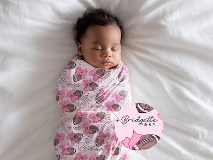 Personalized Pink Football Blanket Coquette Bow Swaddle Gift for Baby Shower Football Lover Baby Gift Custom Coming Home Outfit Hospital - Charles Alex