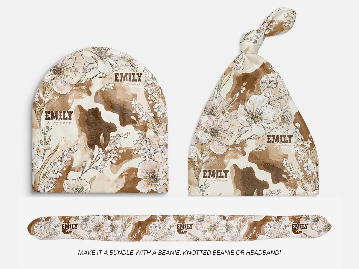 Cowhide Floral Swaddle Blanket and Hat Personalized Name Baby Girl Gift Western Nursery Decor Rustic Print Soft Newborn Wrap Keepsake Set
