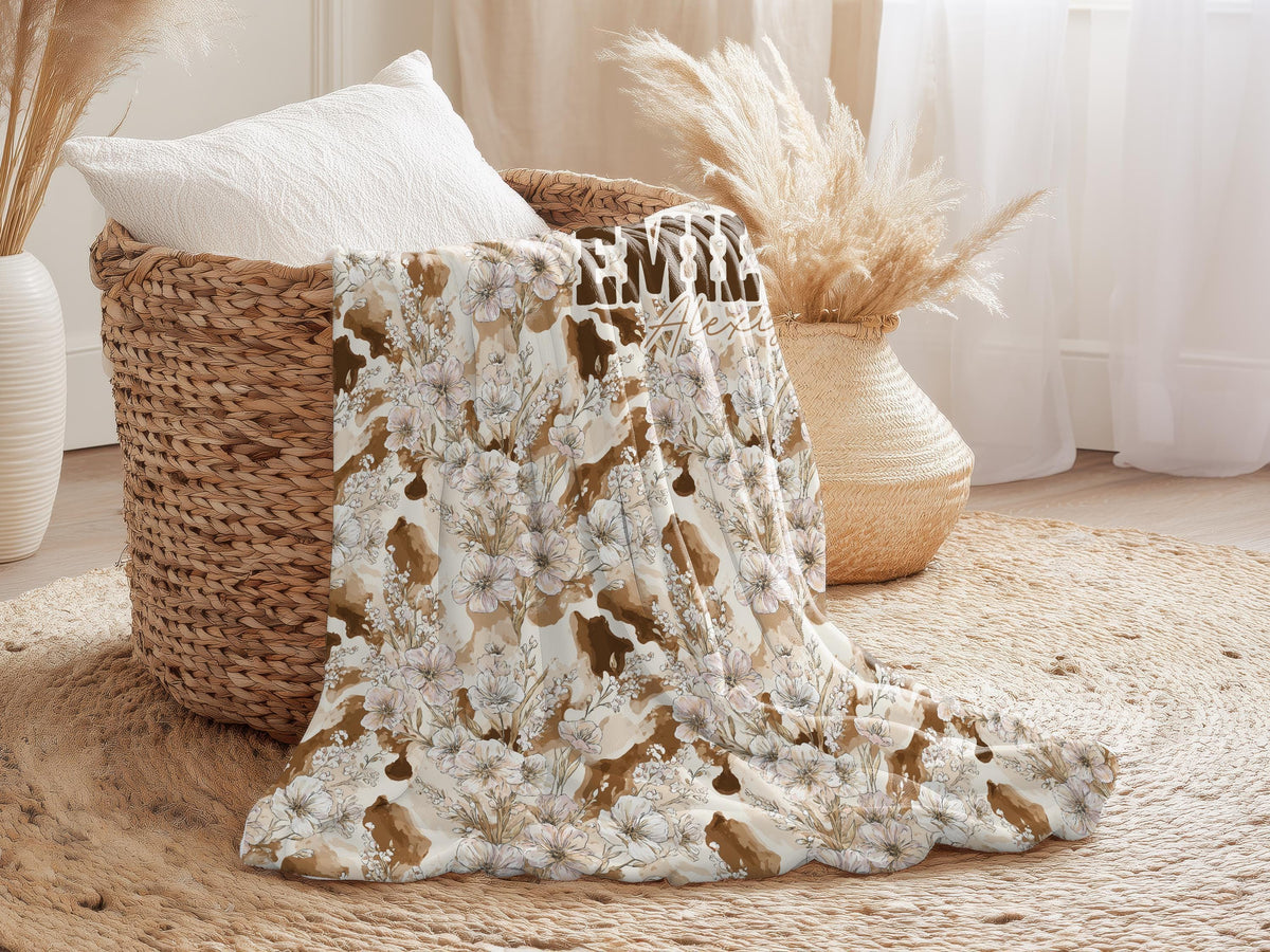 Cowhide Floral Swaddle Blanket and Hat Personalized Name Baby Girl Gift Western Nursery Decor Rustic Print Soft Newborn Wrap Keepsake Set